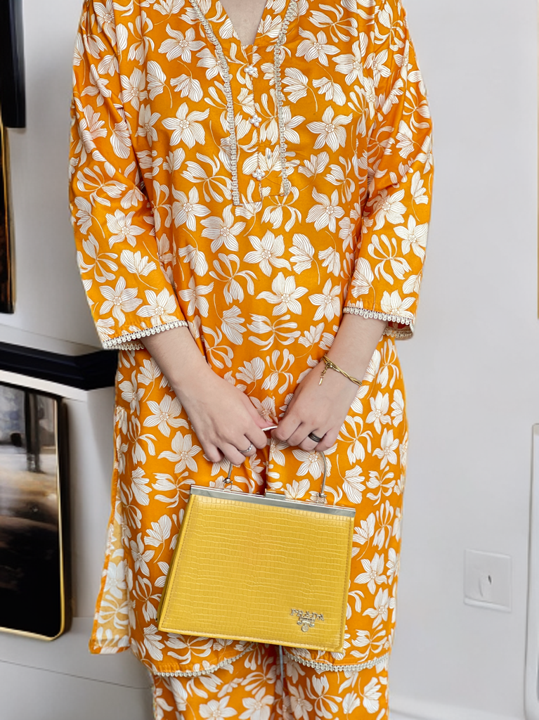 Ready to Wear Printed Cord Set | Bright Floral Printed 2-Piece – Mustard & White
