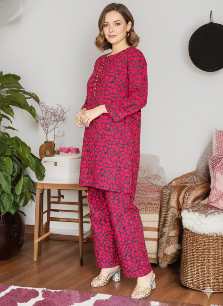 Elegant Red & Black Printed Linen Cord set | Ready to Wear