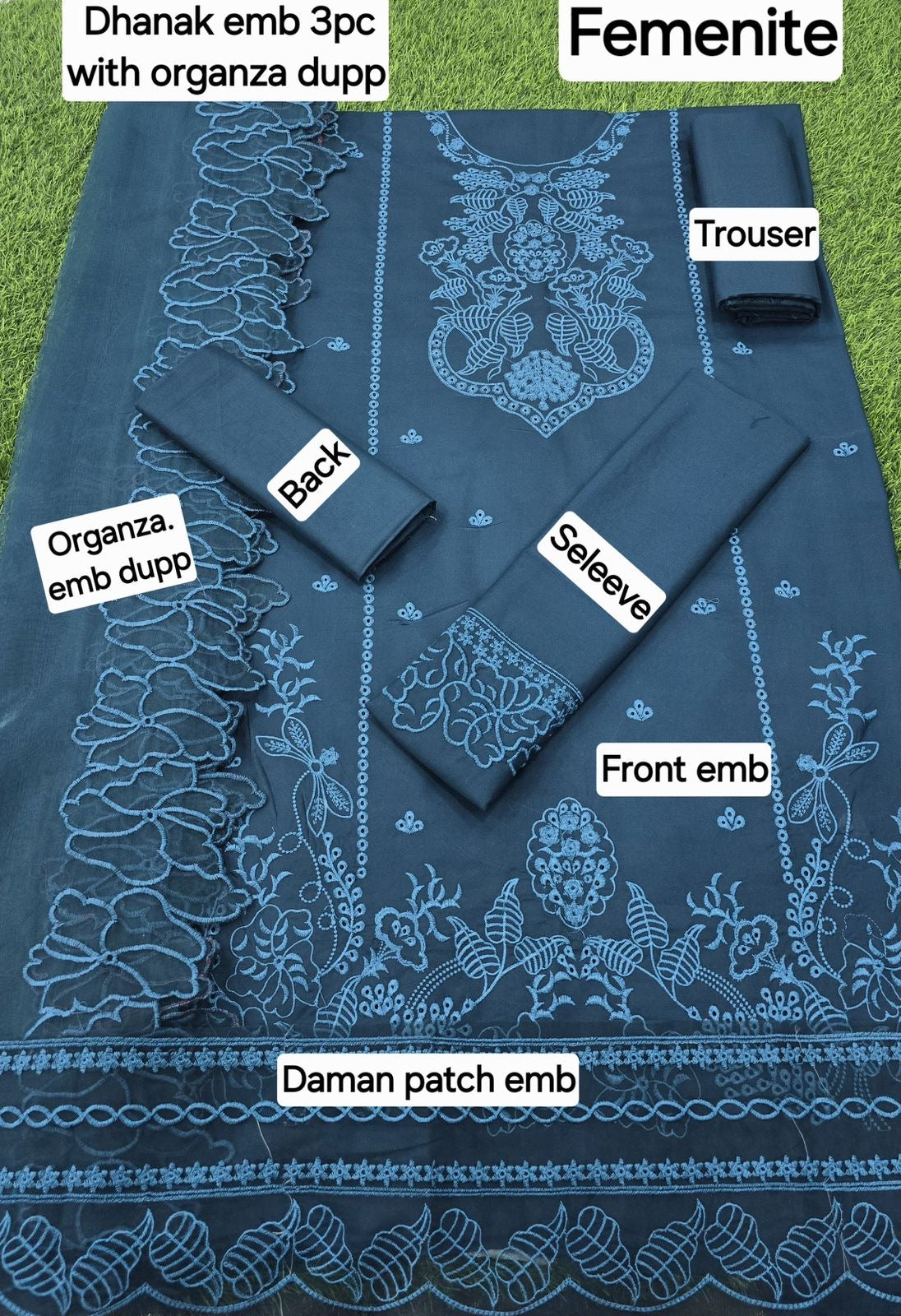 3 Pcs Embroidered dhanak with cut work organza dupatta | Unstitched