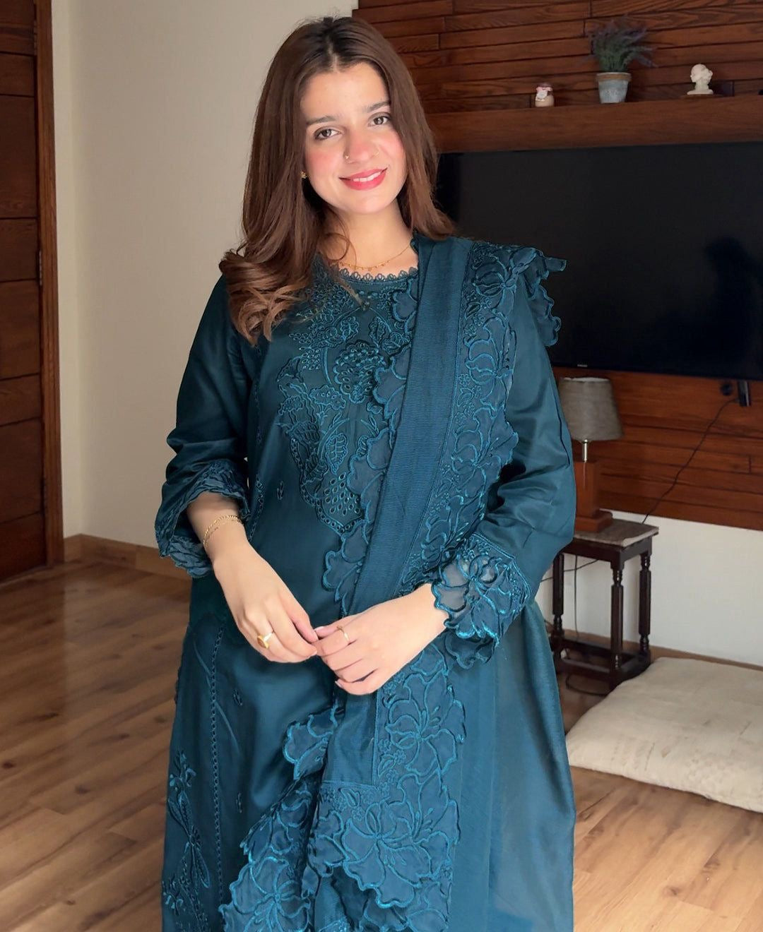 3 Pcs Embroidered dhanak with cut work organza dupatta | Unstitched