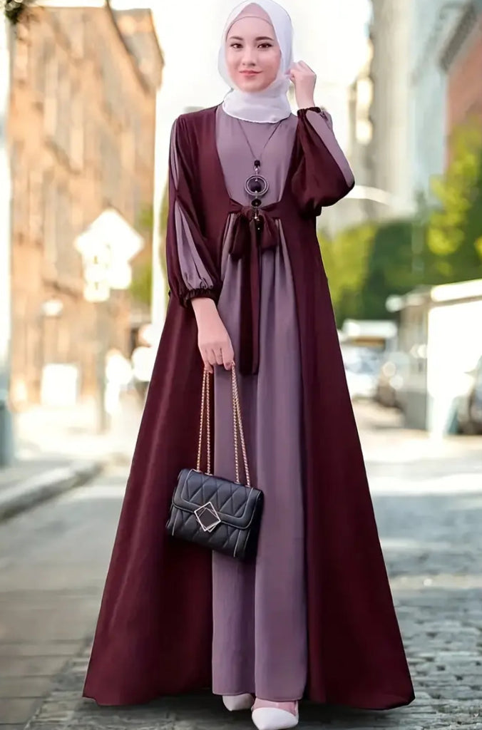 Elegant Dual-Tone Front Open Abaya with Belt – Maroon & Mauve