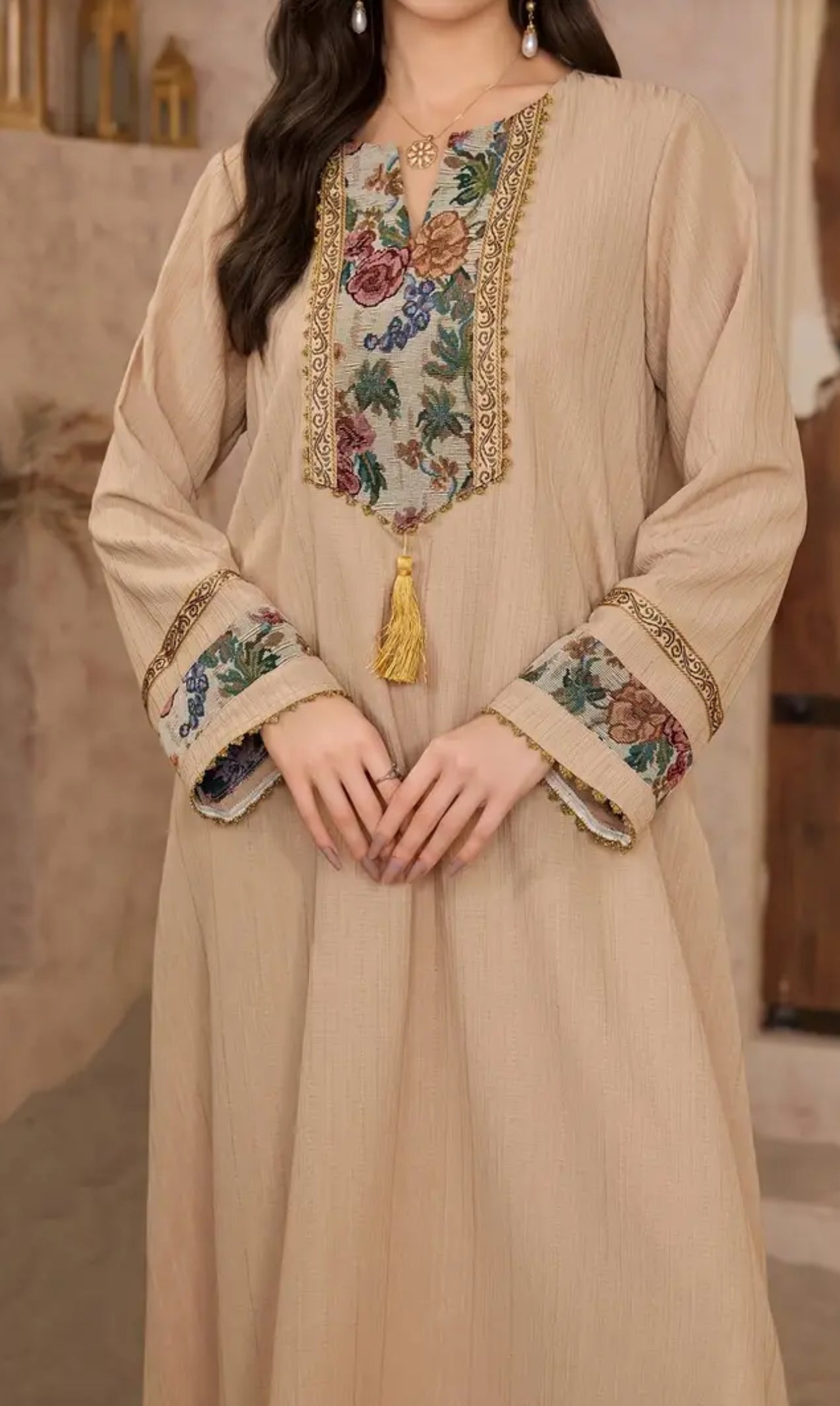 Elegant Beige Turkish Embroidery Abaya