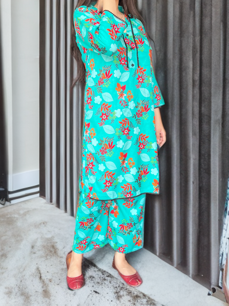 Ready to Wear Printed Cord Set| Striking Turquoise Base