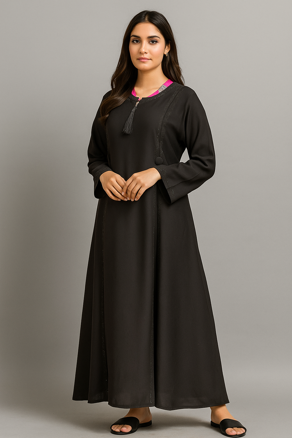 Elegant Black Abaya with Tassel Detailing