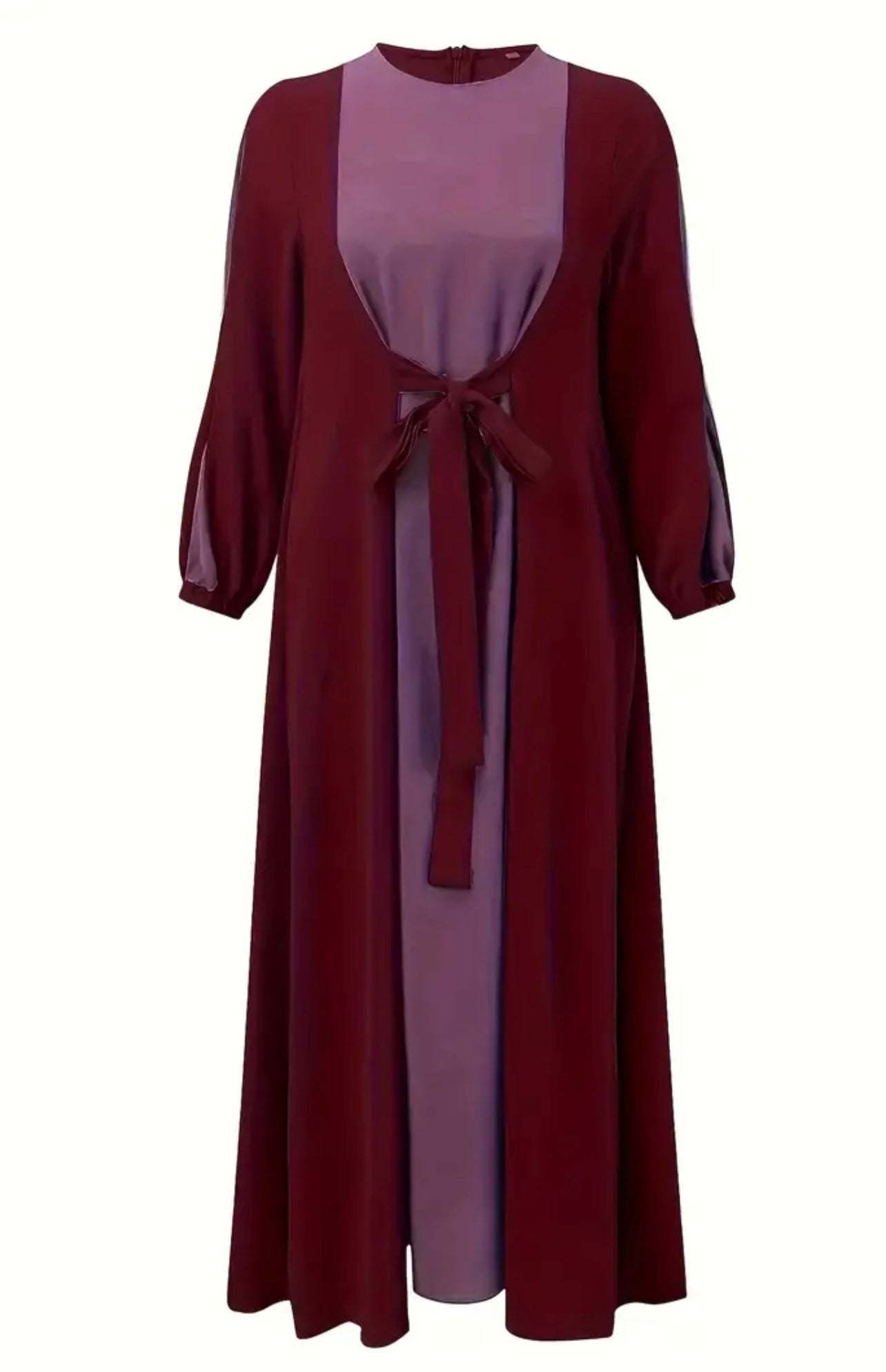 Elegant Dual-Tone Front Open Abaya with Belt – Maroon & Mauve