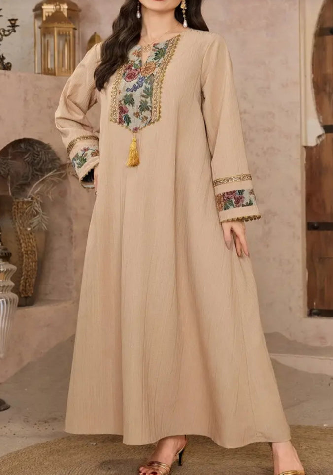 Elegant Beige Turkish Embroidery Abaya