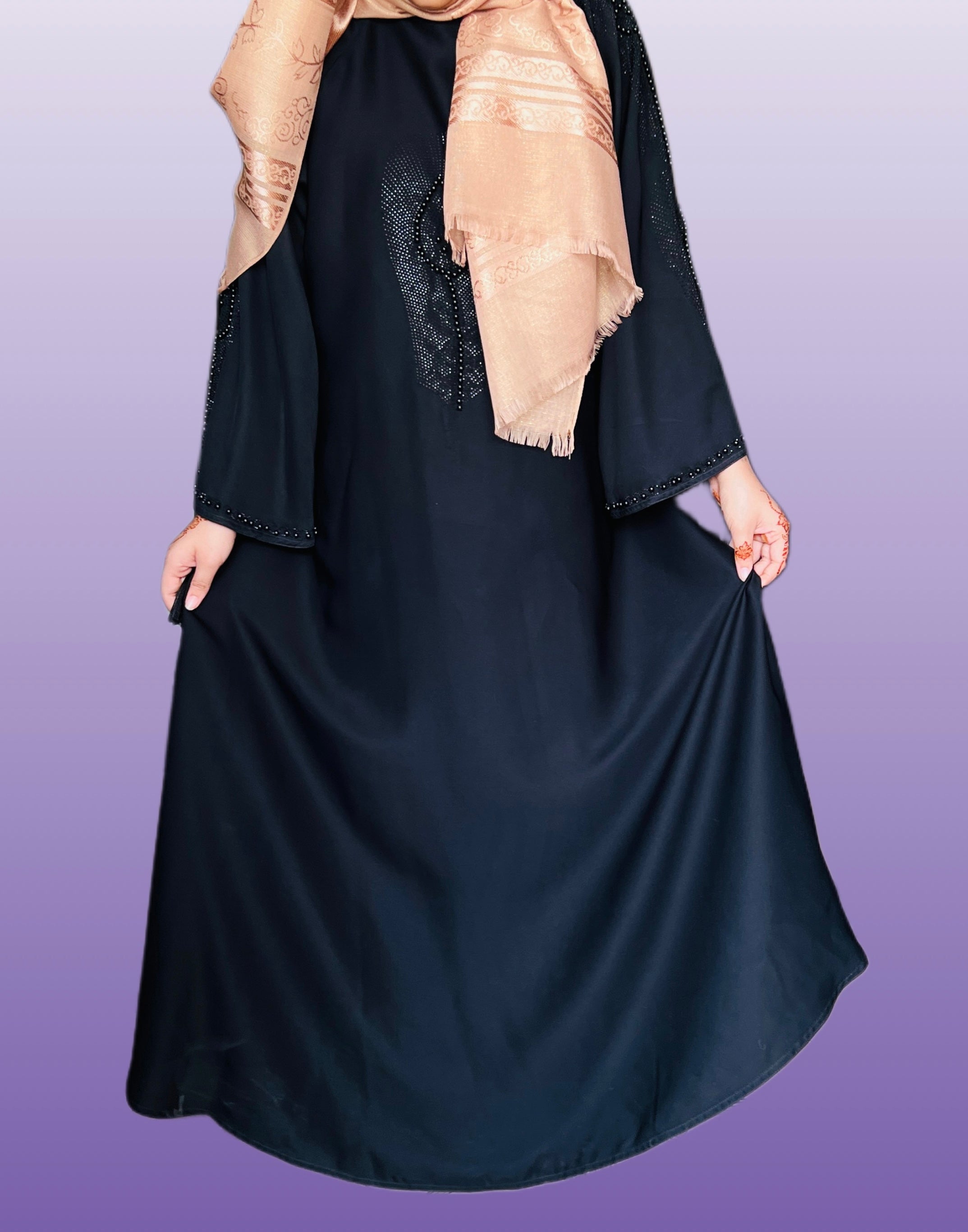 Black abaya with hand-embroidered beaded design and flared sleeved