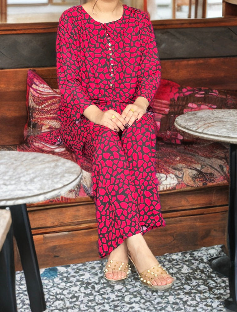 Elegant Red & Black Printed Linen Cord set | Ready to Wear