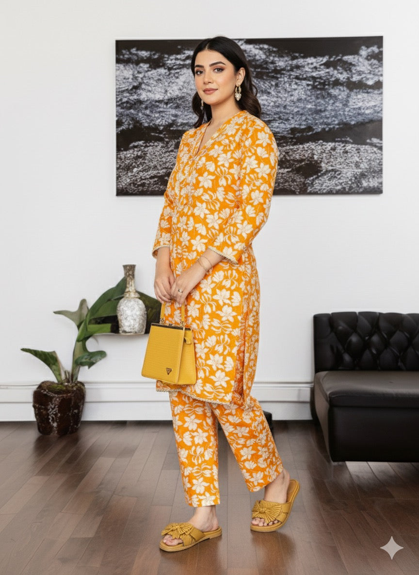Ready to Wear Printed Cord Set | Bright Floral Printed 2-Piece – Mustard & White