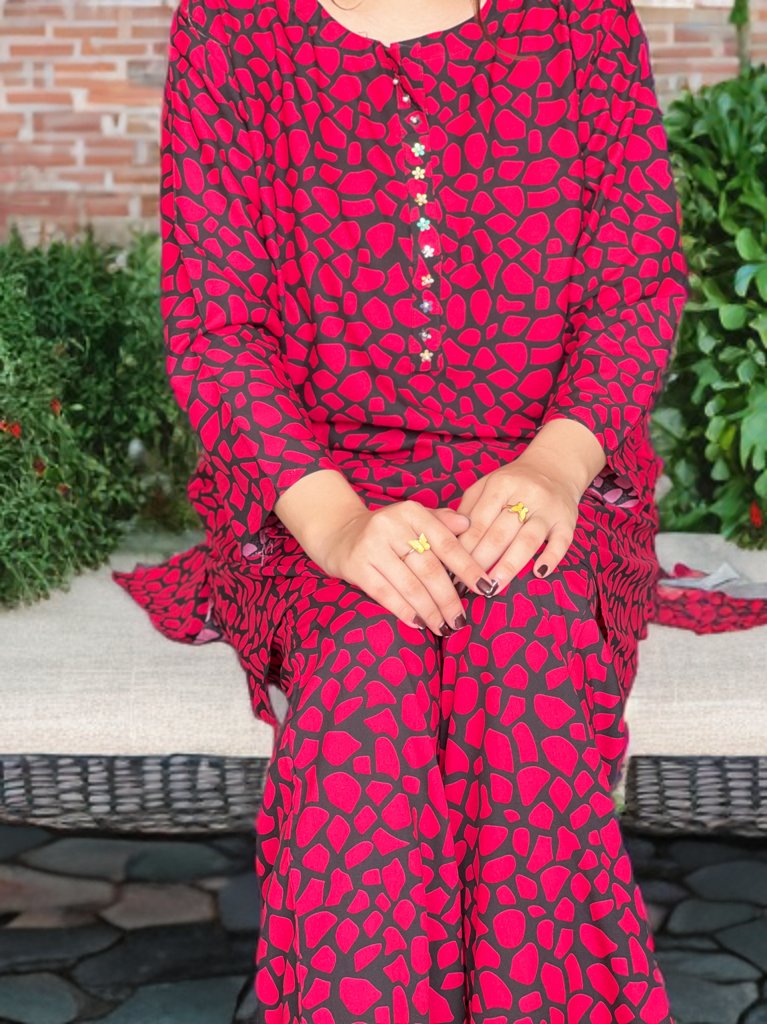 Elegant Red & Black Printed Linen Cord set | Ready to Wear