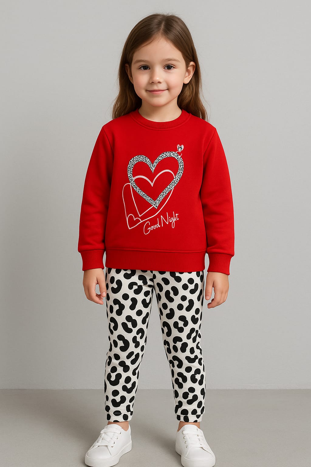 Girls Red Heart Fleece Sweatshirt & Printed Trouser Set
