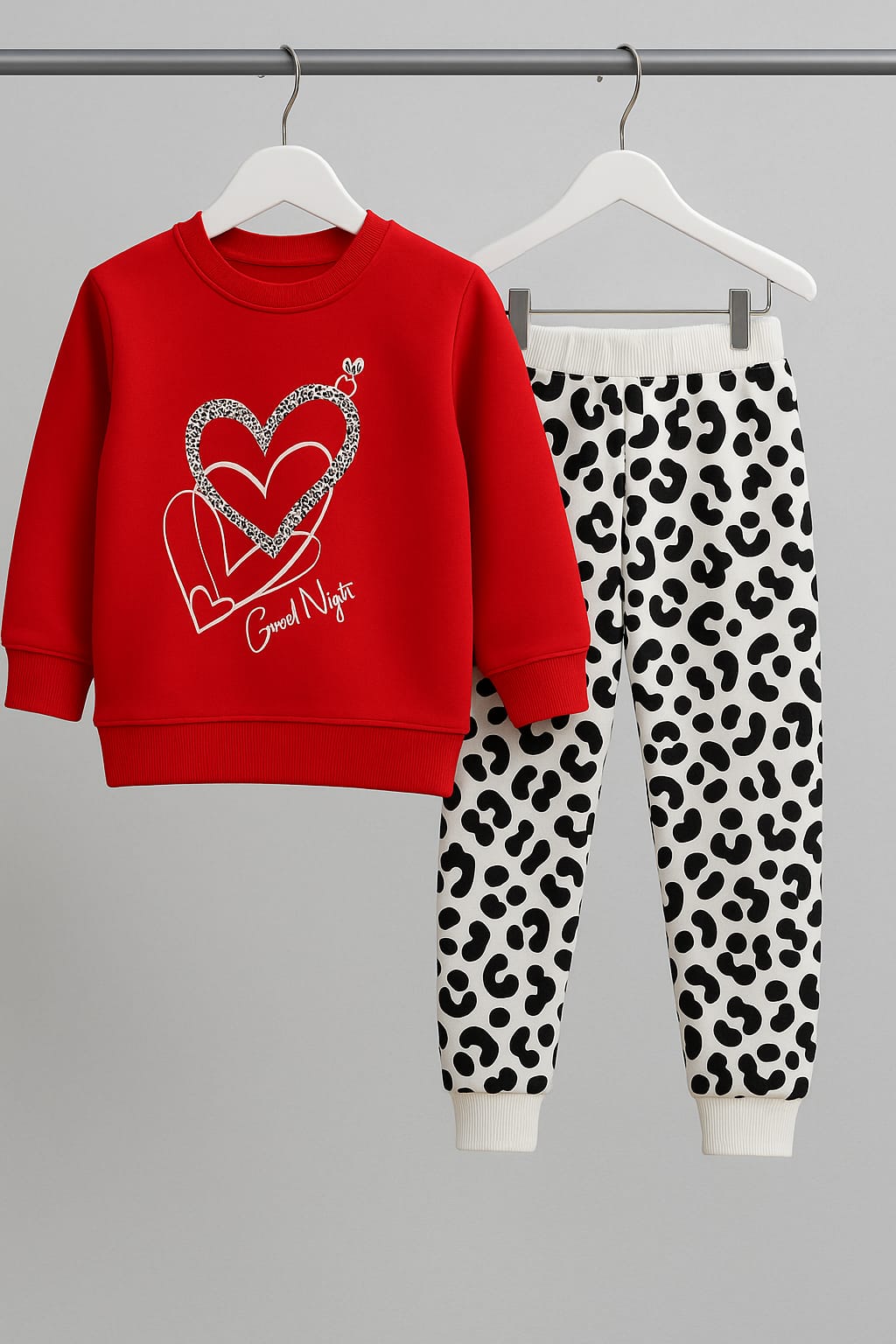 Girls Red Heart Fleece Sweatshirt & Printed Trouser Set