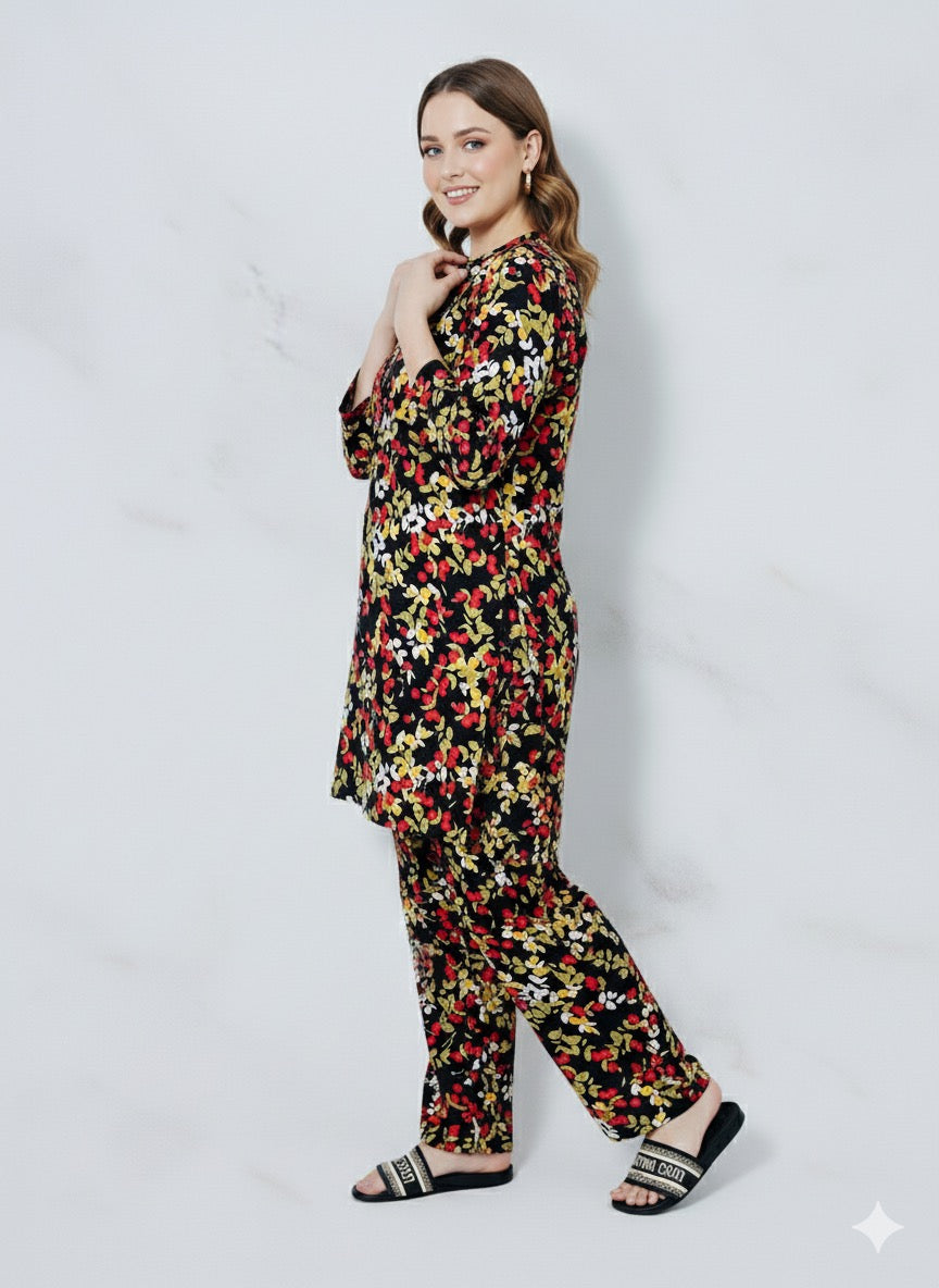 Ready to Wear | Women’s Floral Printed 2-Piece Linen Suit – Black Base