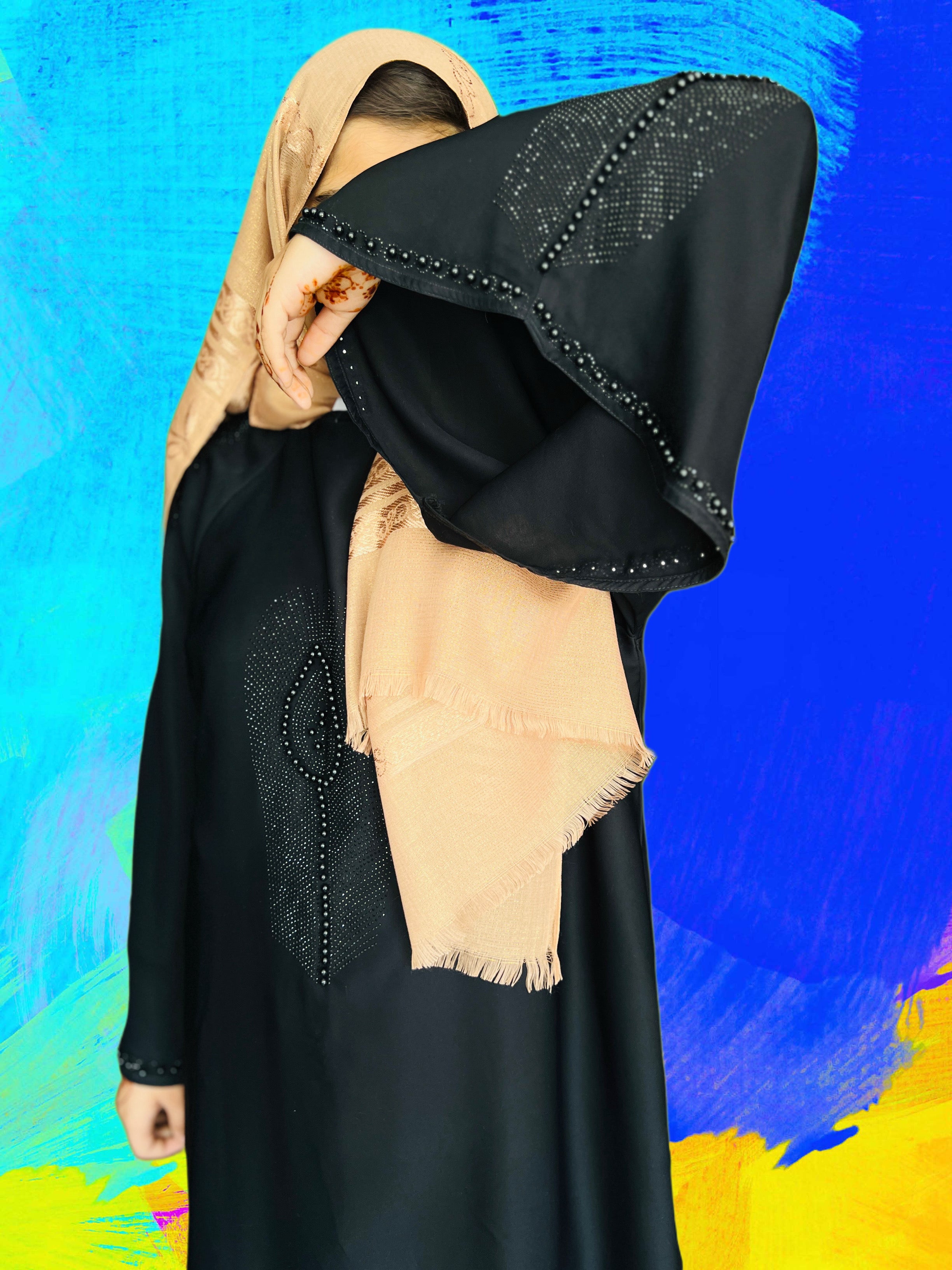 Black abaya with hand-embroidered beaded design and flared sleeved