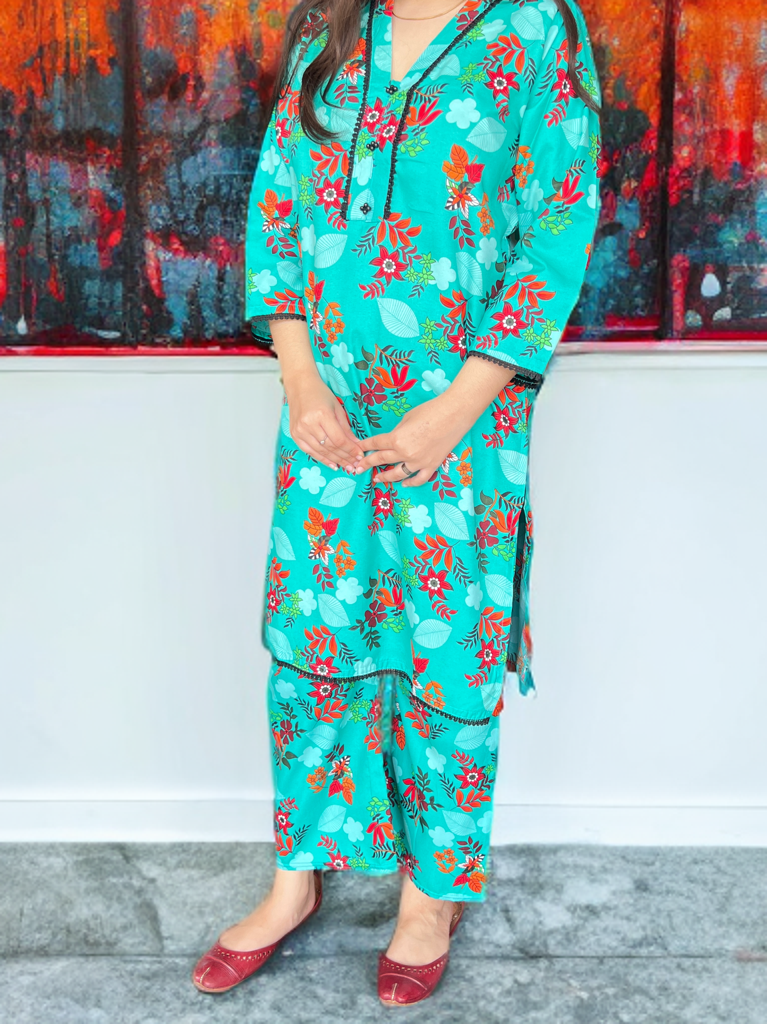 Ready to Wear Printed Cord Set| Striking Turquoise Base