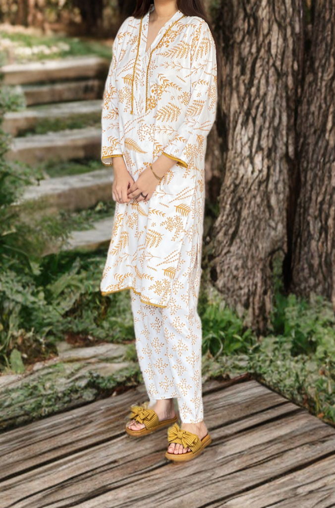 Ready to Wear Elegant White & Mustard Printed Lawn 2-Piece Suit | Cord Set for Women