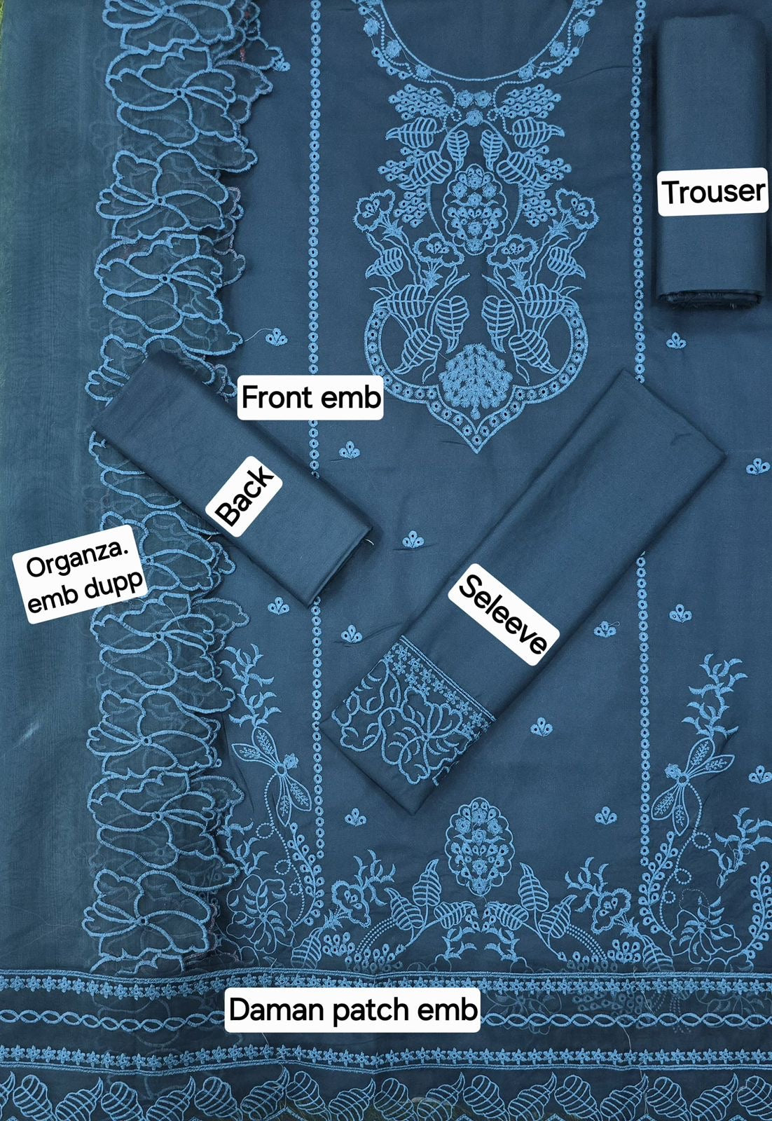 3 Pcs Embroidered dhanak with cut work organza dupatta | Unstitched