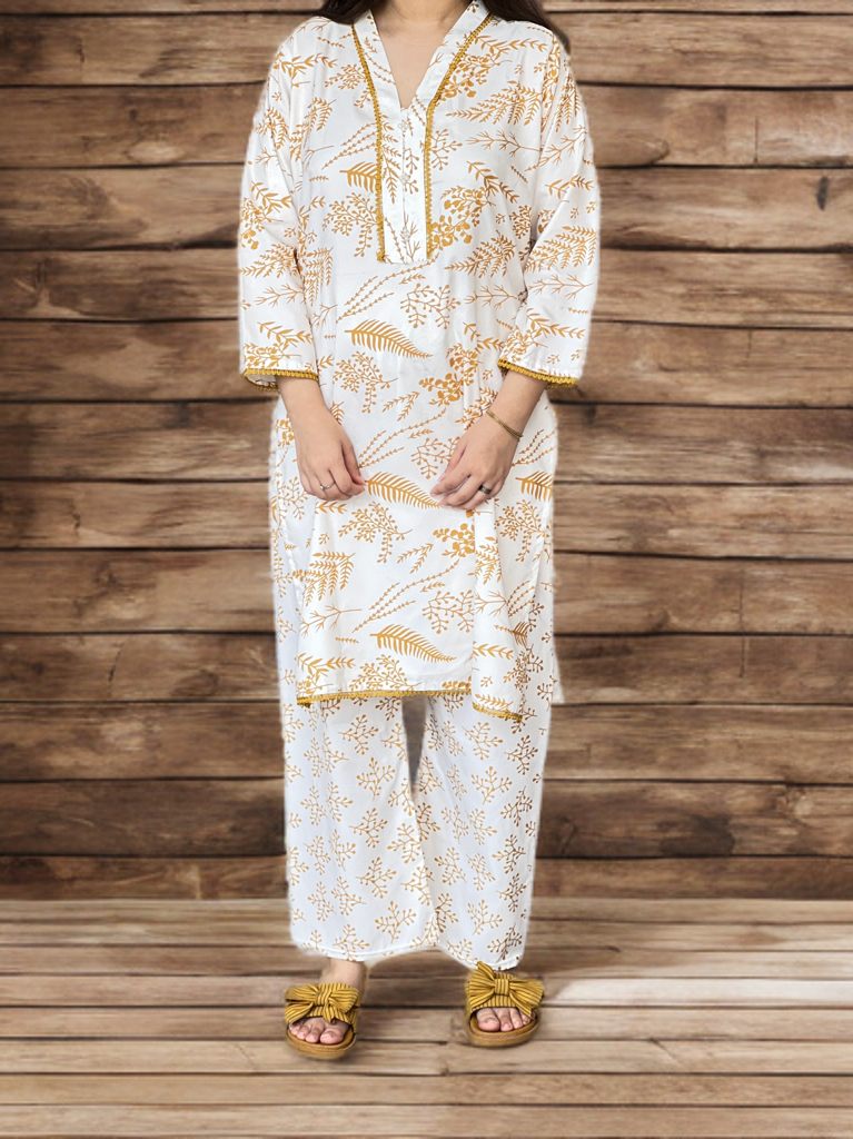 Ready to Wear Elegant White & Mustard Printed Lawn 2-Piece Suit | Cord Set for Women