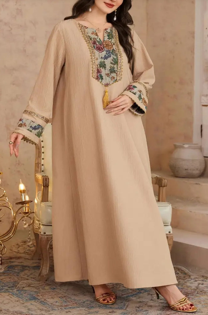 Elegant Beige Turkish Embroidery Abaya