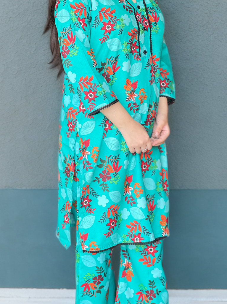 Ready to Wear Printed Cord Set| Striking Turquoise Base