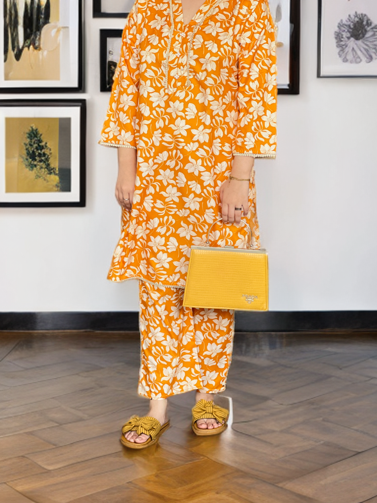 Ready to Wear Printed Cord Set | Bright Floral Printed 2-Piece – Mustard & White