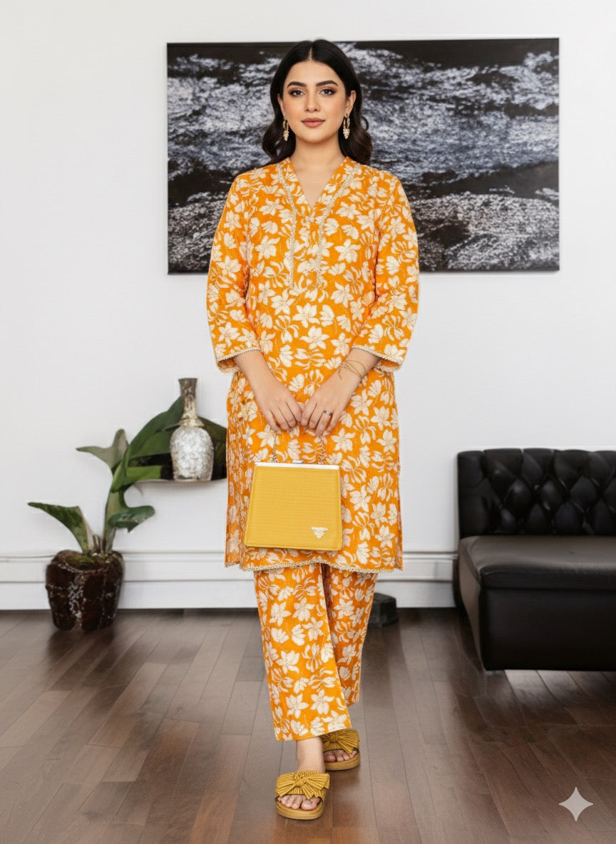 Ready to Wear Printed Cord Set | Bright Floral Printed 2-Piece – Mustard & White