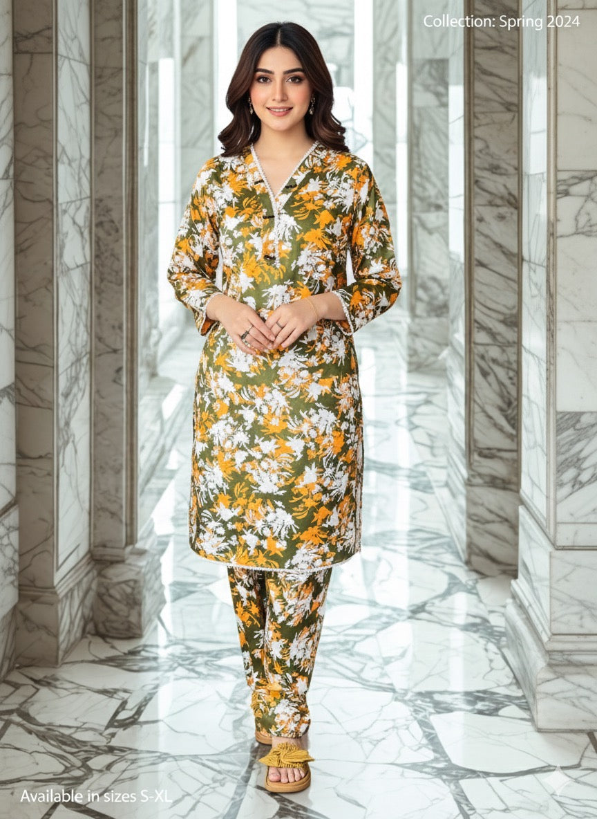 Ready to Wear Olive Floral Printed | Cord set for Women