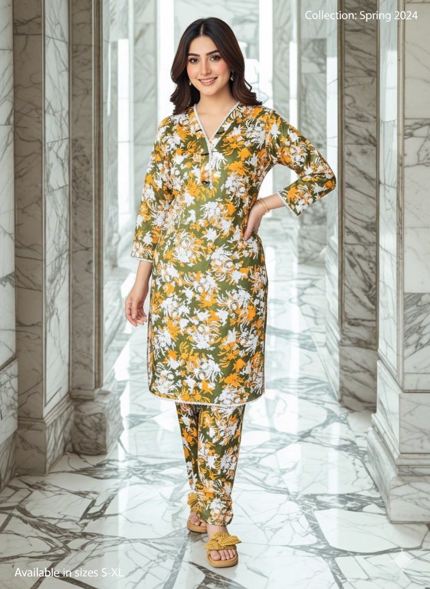 Ready to Wear Olive Floral Printed | Cord set for Women