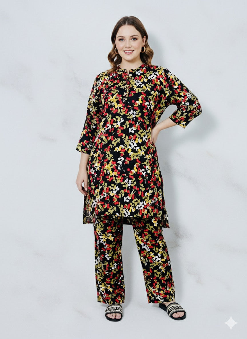 Ready to Wear | Women’s Floral Printed 2-Piece Linen Suit – Black Base
